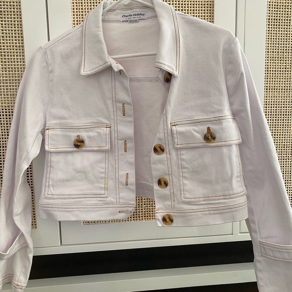 Charlie Holiday White Jean Jacket with Brown Detail